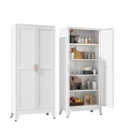 B)  Metal Cabinet with 4 Adjustable Shelves, 5-Tier Pantry Storage Cabinet, Kitchen Pantry Cabinet for Living Room, Dining Room (1 Unit, White) $70
