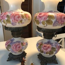 Two Vintage Table Lamps 22”. Hand painted Rose Bouquet Working Connection 3 Way Light