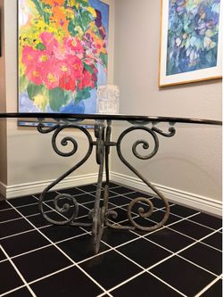 Vintage 60” Round Wrought Iron Dining Table - Thick Ogee Glass Top
