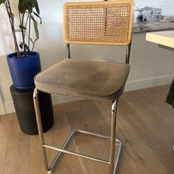 (4) All Modern Cane-Back Bar Stools Chrome Base — Upholstered Seat