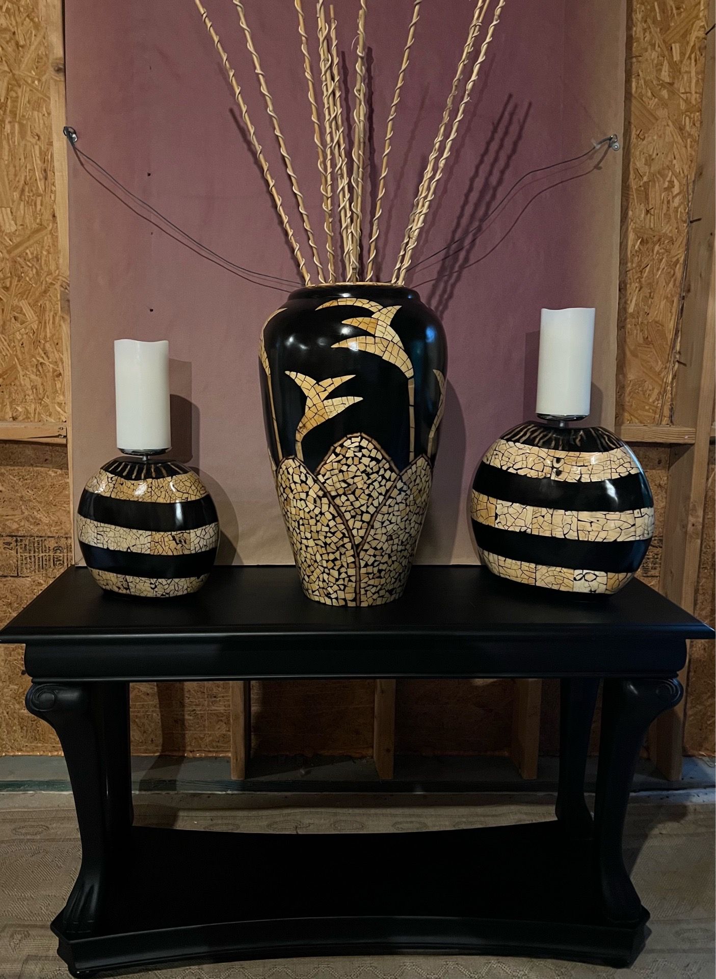Elegant Black & Gold Entryway Table Set with Decorative Vases & Candle Holders