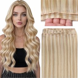 Butterfly Extensions Human Hair Light Brown Highlighted Platinum Blonde 20 Inch Twin Tab Butterfly Wefts Cuttable Invisible OVO Hair Extensions Real H