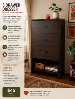 5 drawer tall bedroom dresser - 1 missing