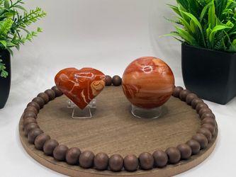 Polished natural hand carved red jasper sphere  258 g 55 mm, and heart 70 g 1.7 inches bundle