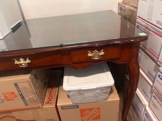 Cherry vintage-like writing desk with brass handles