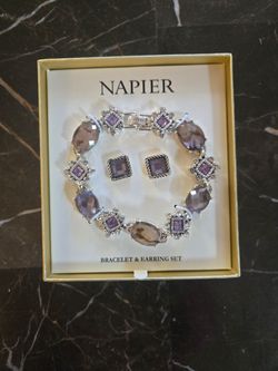 New in Box Napier Silver Tone Purple Acrylic Cabucon Studded Tennis Bracelet With Matching Stud Earrings