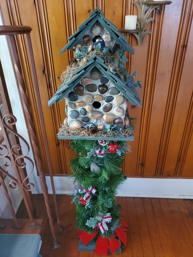 Decorative Holiday Xmas Bird House 46 1/4 tall x11 wide x 14.5 deep Wood Home Decor River rock