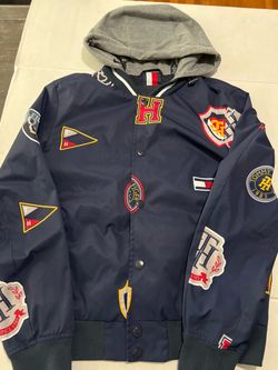 Tommy Hilfiger Junior Small Navy All Over Graphic Jersey Hood Bomber Jacket