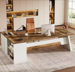 HL0264AB 78" L-Shaped Executive Desk, Large Modern Office Desk with Drawers and Lateral File Cabinet, Business Furniture with Storage Shelves, Big Com