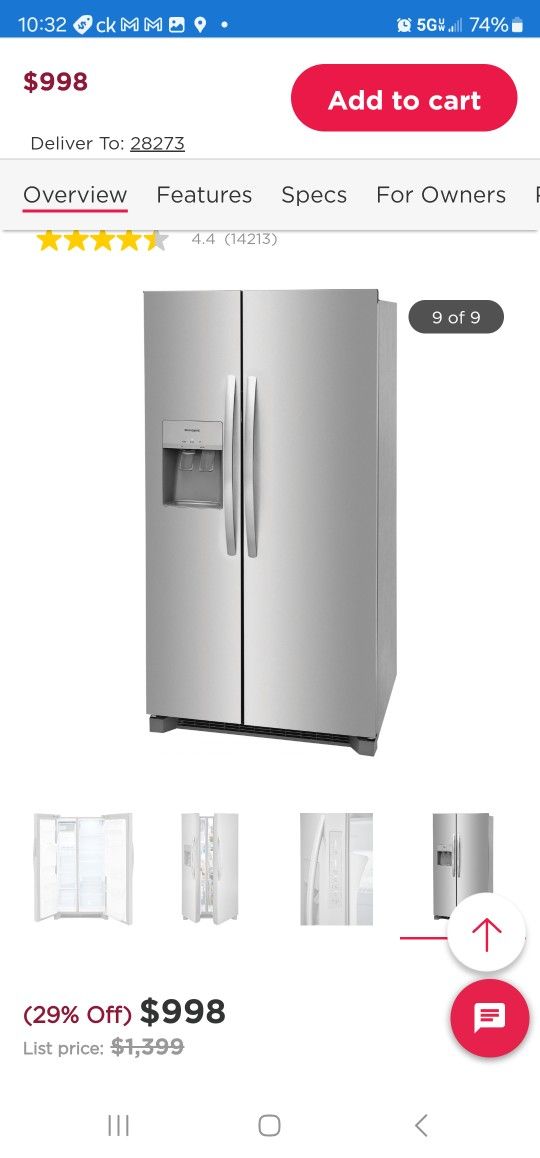 NEW!!! Frigidaire Gallery Stainless Steel Side-By-Side Refrigerator