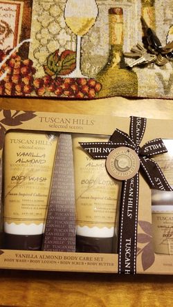 Tuscan Hills selected scents Vanilla Almond Body Care Set.Body Wash, Body Lotion, Body Scrub, Body Butter