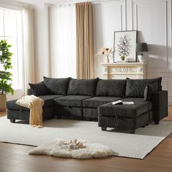 113.5'' Modular Sectiona Corduroy Sofa, Sectional Couches for Living Room U Shaped Sectional Couch with Storage Ottoman, 6 Seats Convertible Sectional