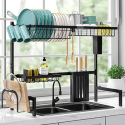 Dish Drying Rack - Large Over The Sink Dish Drainer Drying Rack (26.8" to 33.9" W), Large Capacity Stainless Steel Dish Rack, Multifunctional Kitchen 
