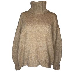 Line & Dot Women’s Beige Turtleneck Sweater Medium With Fringe