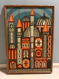 Vintage Mid-Century Modern Architecture Needlepoint Art – Framed