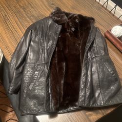 Leather And Fur Coat With Fur Earmuffs