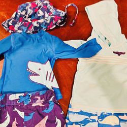 3-6M Boy’s Swimwear:1. Blue Long Shark Shirt 2. Blue Whales Trunks 3. Blue & White Whale Hooded Shirt 4. Blue Whale Trunks & 5. Sailboat Swim Hat