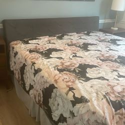 King Bed (Frame + Mattress) - Dark Gray Fabric - Good Condition