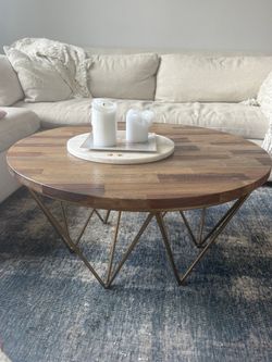 Round Wood Coffee Table with Gold Metal Base