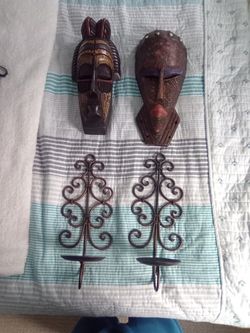 2 African Mask 2 Candle Holders 
