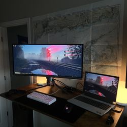 Dell G15 Ryzen Edition With 34 inch ACER 4k Monitor, HITIME Keyboard, Razer Viper Ultimate Mouse, and Standing Desk