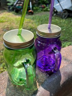 6” Glass Mason Jar Tumblers w/Plastic Straws (pair)