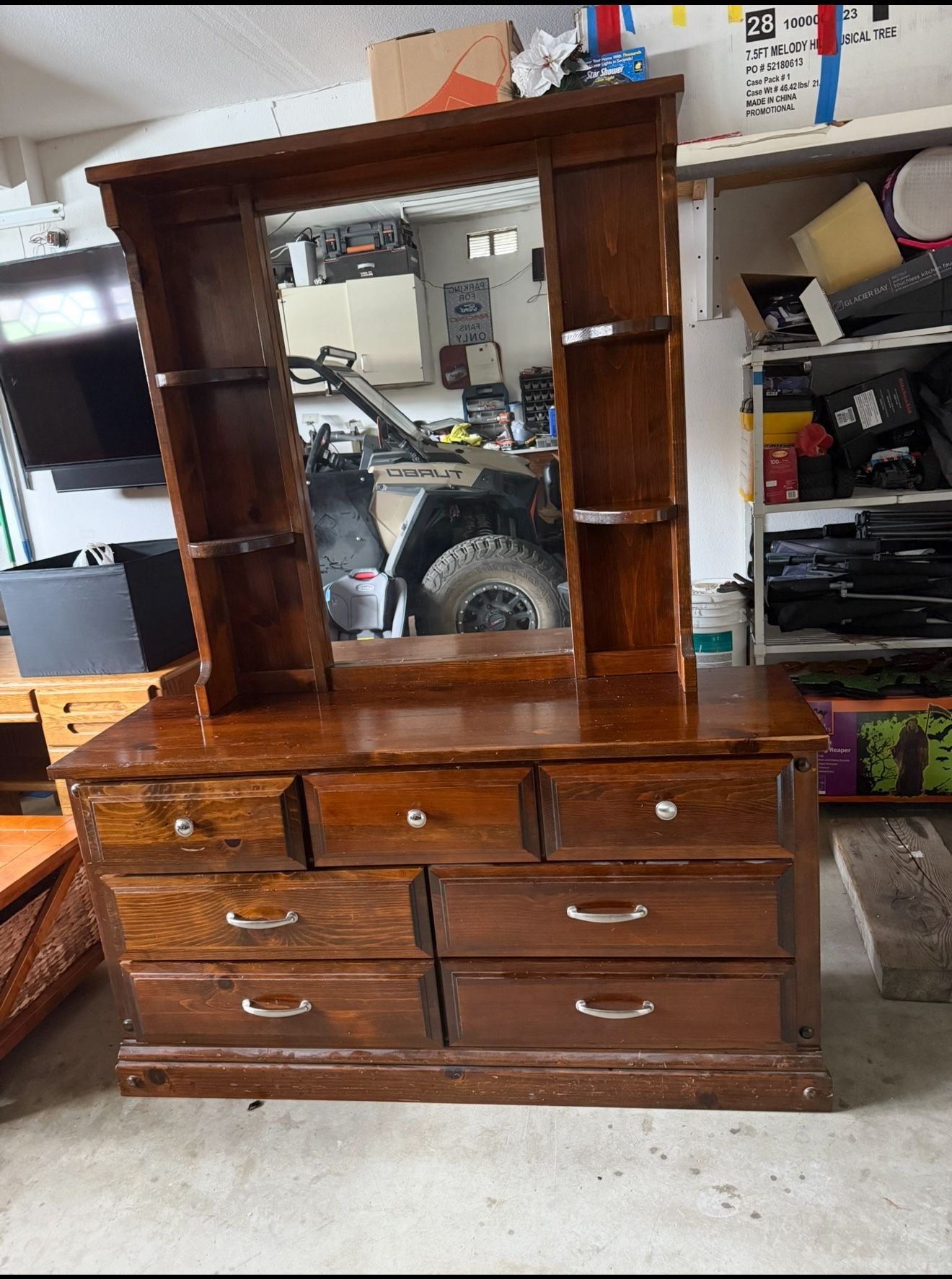 Antique Solid Wood, Dresser, And Mirror Set