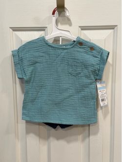 Cat & Jack Unisex 2pc Muslin Cotton Short Sleeve Top & Shorts Set Blue 6-9M