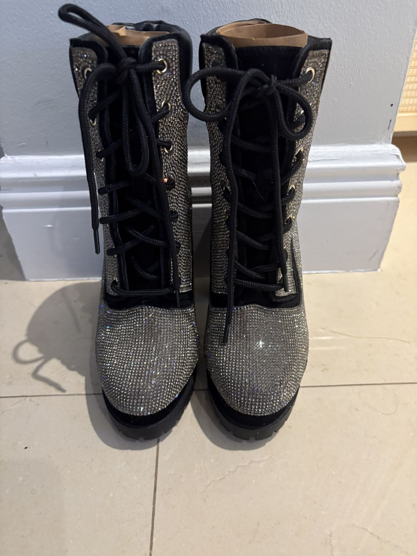 WILD DIVA Women's Black Rhinestone Lace-Up Platform Block Heel Boots