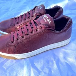 PRADA  RED TEXTURED LEATHER LACE UP LOGO LOW TOP SNEAKERS 11 US 12