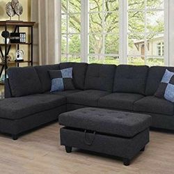 New black grey sectional and ottoman 