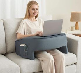 Reading Pillow - Ergonomic Lap Desk & Armrest with Cup & Phone Holder (Grey)