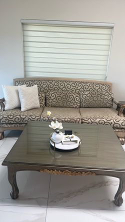 Classic Carved Wood Sofa and Coffee Table Set