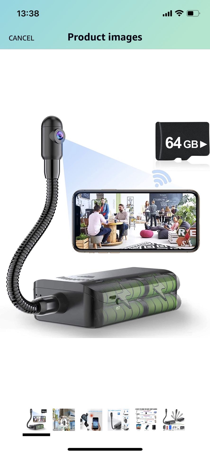 Wi-Fi Mini Security Wireless Spy Hidden Camera for Indoor Outdoor Video & Audio Recorder with Small Adjustable Snake Lens, 64GB Card, 8HR Battery life