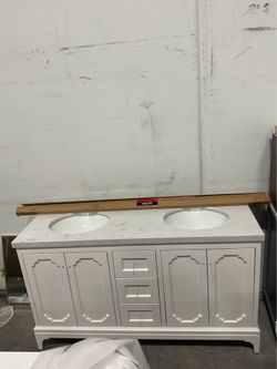 60” White Solid Wood Bathroom Vanity with Engineered Marble Top (V99)