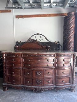 Large Ornate Wood Dresser and nightstand with Marble Top
