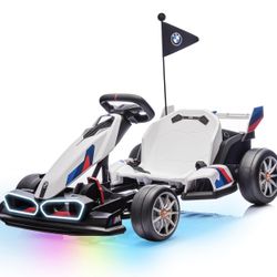 Wanan Electric Go Kart with Adjustable Seat, 24V Licensed BMW Drift Kart with Dual 200W Motors, Crazy Go Cart for Kids Ages 6-12, LED Lights, Drift Mo