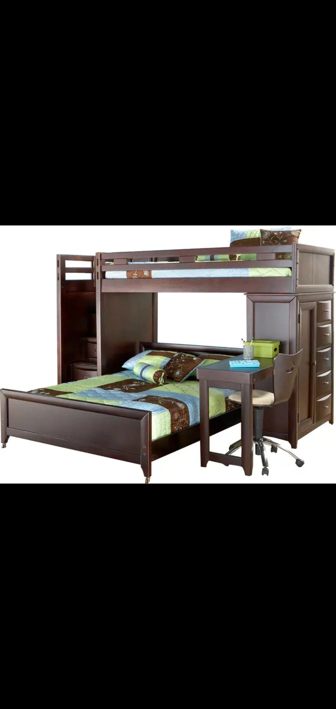 Newer Twin Solid Wood Step Loft Bunk Bed w/ Dresser Chest, Side Desk and Two Single Mattresses
