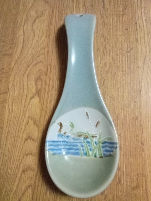 Vintage 1970s Hand Crafted Otagiri Spoon Rest Stoneware Ducks Swimming Ceramic