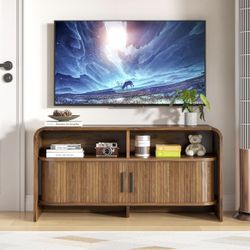 Walnut TV Stand for 65 70 75 Inch TV, Fluted Mid Century Modern TV Console with Sliding Doors, 63 Inch Entertainment Center Media, Adjustable Shelves,