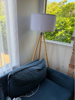 Tripod Floor Lamp, Natural Wood Legs with Satin Nickel Finish and White Fabric Shade, Mid Century Contemporary Modern Style
