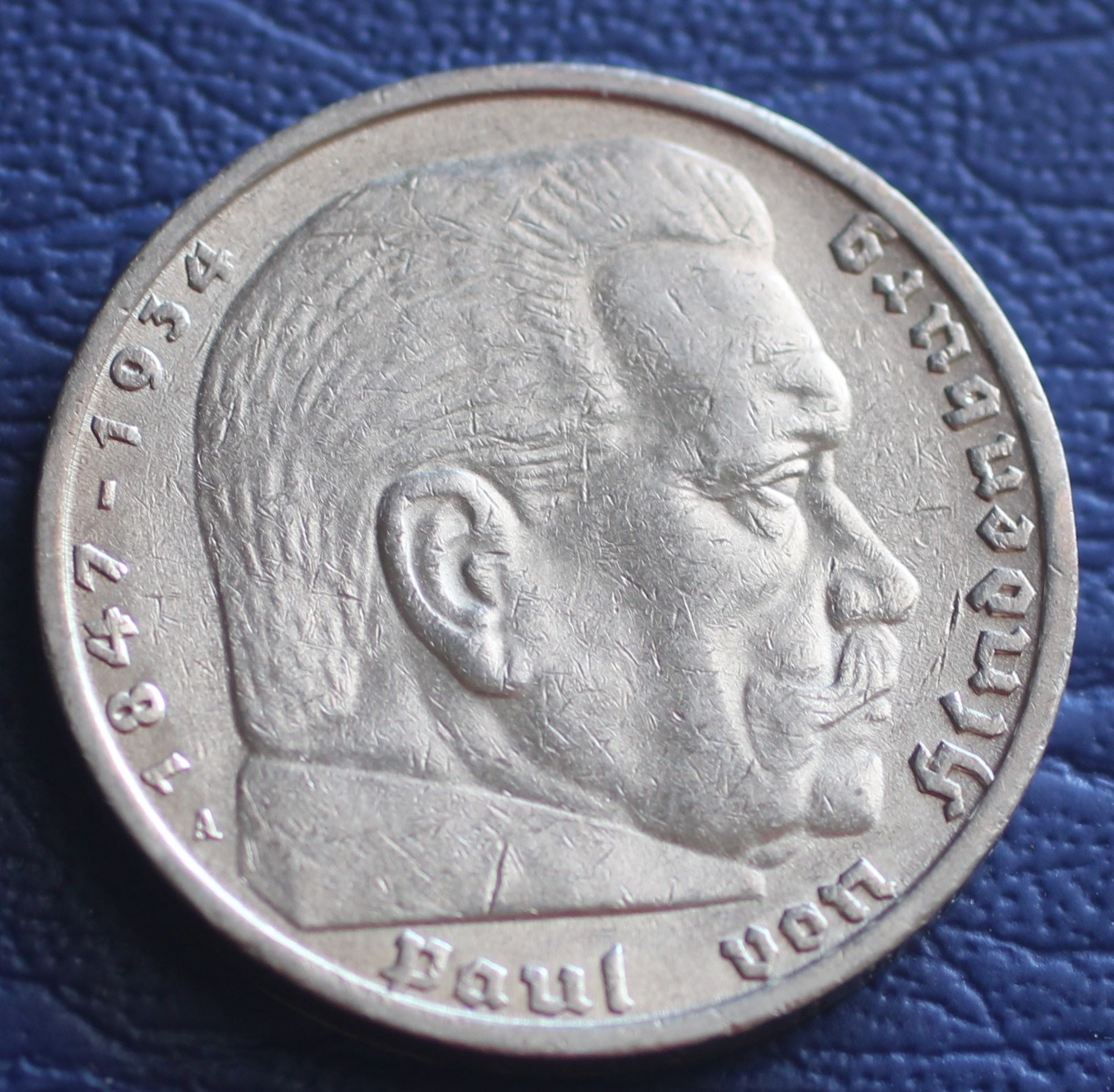 1936 Germany 5 Mark Hindenburg Silver Coin