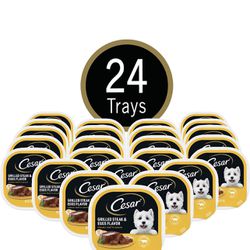 Contains twenty-four (24) 3.5 oz. easy peel trays of CESAR Wet Dog Food Classic Loaf in Sauce Grilled Steak and Eggs Flavor 