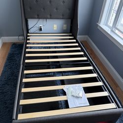 Twin Size Upholstered Storage Bed with Charging Station and LED Lights