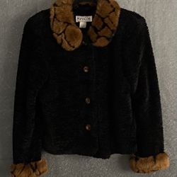 VTG  Hanalori Sz M Blk/Brn Chanel Faux Fur Trim Front Button Up Jacket/Sweater