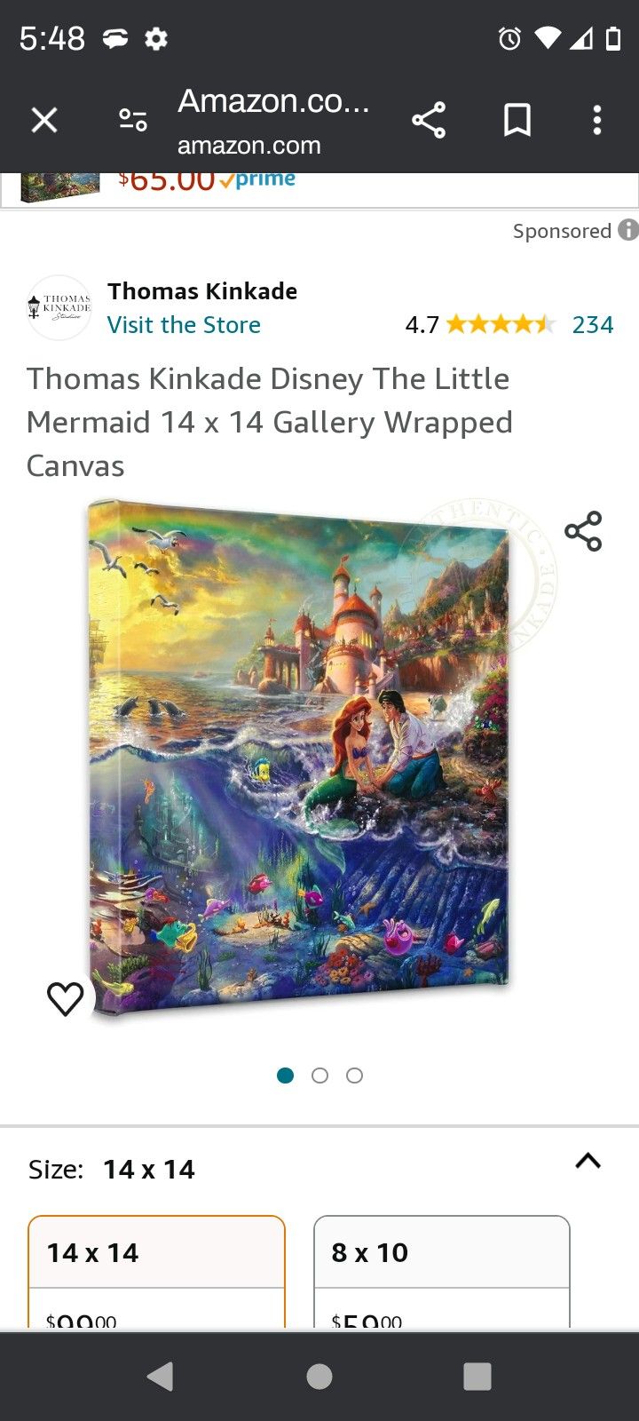 Disney Thomas Kincade The Little Mermaid Canvas 