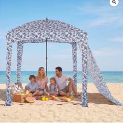 Gianna 7.1' x 7.1' Beach Canopy Tent with Side Wall, Easy Setup Sun Shade with Sand Pockets, Coral Tropical, Starfish Shell
