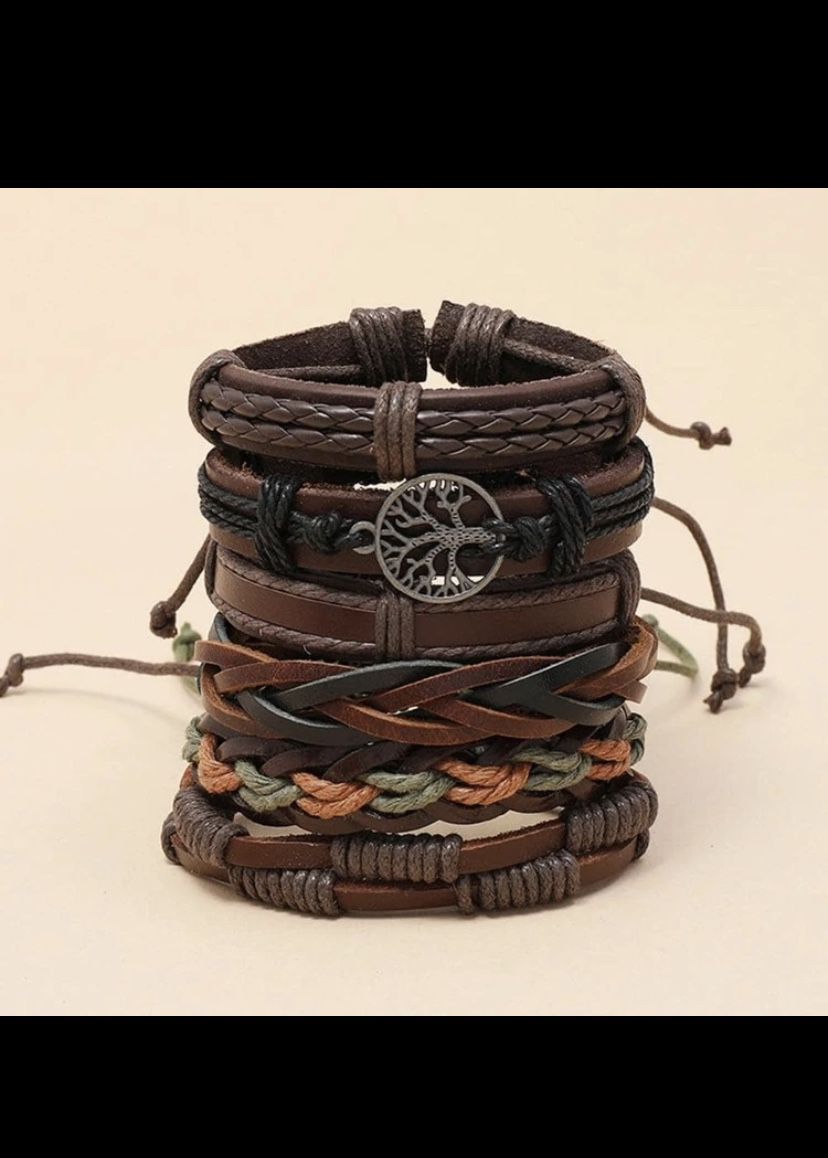 6 Vintage Hand-Woven Cowhide Bracelets Diy Peace Tree Combination 6-Piece Men'S Jewelry European And American Accessories Wholesale