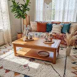 Solid Wood Coffee Table on Wheels – Parquet Top + Storage Shelf