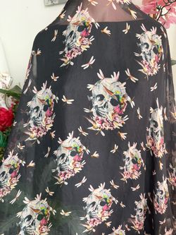 Alexander McQueen Dragonfly Floral Bird Print Black Skull Silk Scarf.